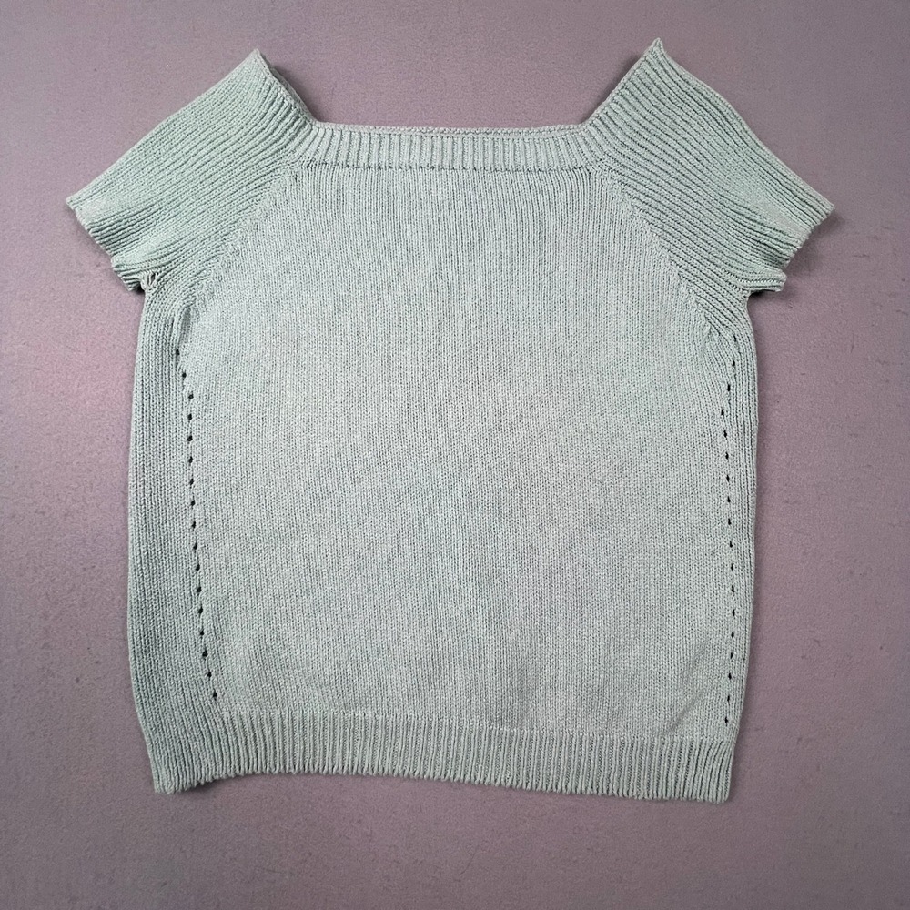 St. John Sport Knit Top Womens Medium Mint Green Square Neck Ribbed Short Sleeve